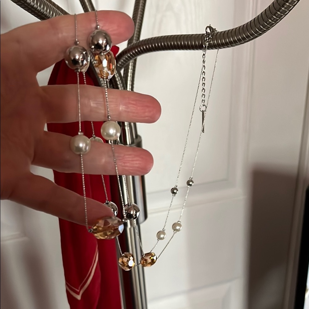 Opera length crystals, silver balls and faux pearls necklace